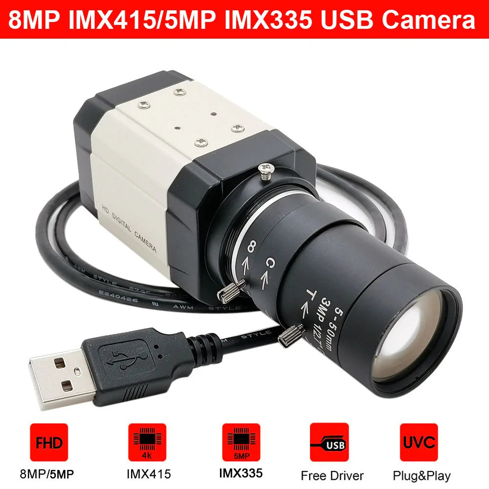 HD Industrial 4K 8MP IMX415 USB Webcam 5MP IMX335 With 2.8-12mm Manua Varifocal Zoom Lens USB2.0 PC Video Camera UVC OTG For Liv