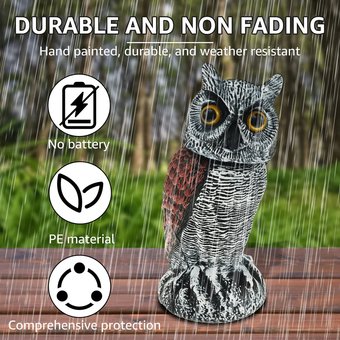 360° Rotation Fake Owl Decoys Statue Motion Activated Scarecrow Shaking Head Simulation Bird Deterrent Realistic