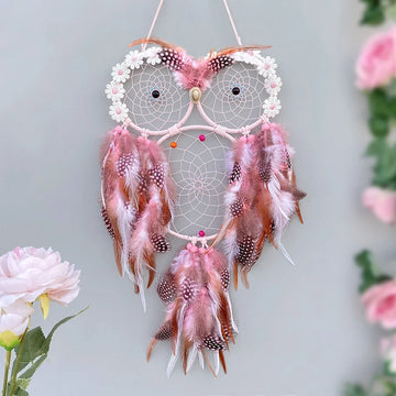 Pink Owl Dream Catcher Hand-woven Wind Chimes Wall Decor Living Room Bedroom Hanging Ornaments Festival Gifts Home Accessories
