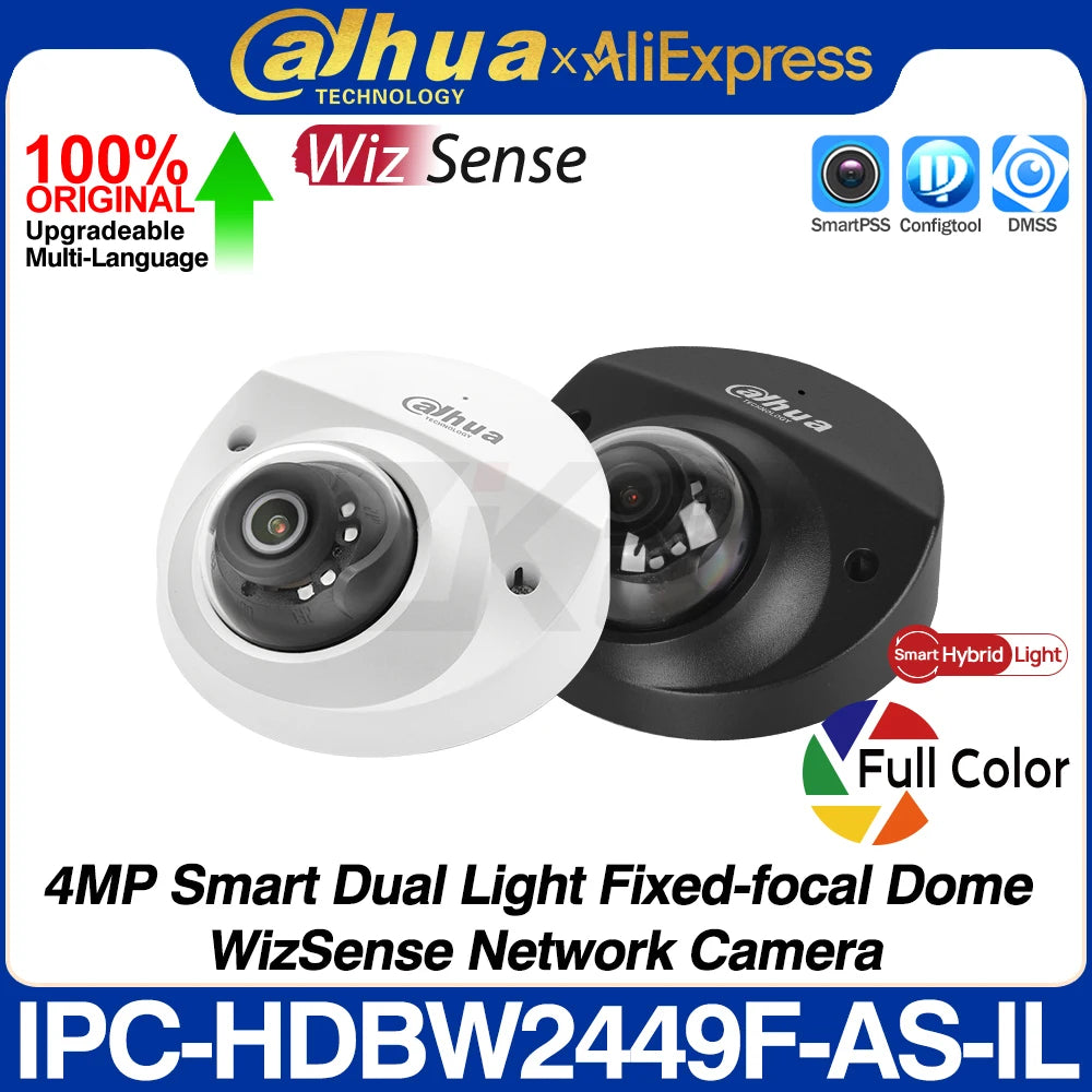 Dahua Original IPC-HDBW2449F-AS-IL 4MP Smart Dual Light Dome WizSense Network POE IP Camera SMD Plus IVS IR30M Built-in MiC IK10