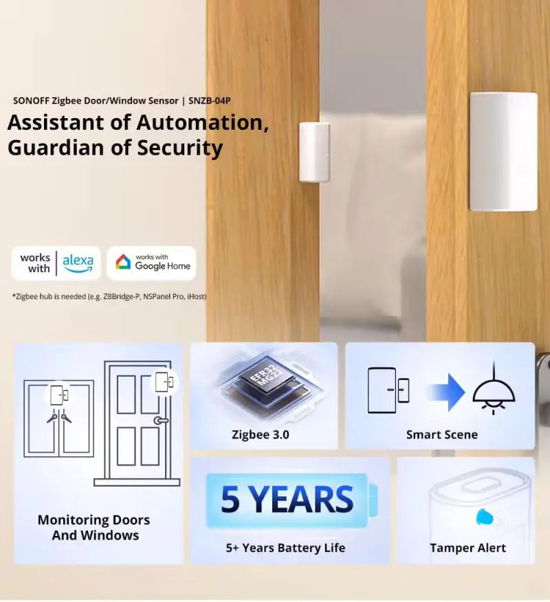 SONOFF SNZB-04P Zigbee Door Window Sensor Local Smart Scene Linkage Tamper Alert Home Security Works with Alexa Google Alice