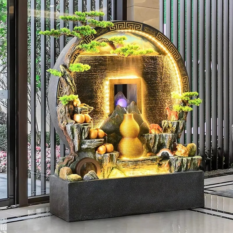 Large Zen-style Resin Office Decorative Ornament Round Water Curtain Wall Flowing Screen Rockery Fountain Circulating