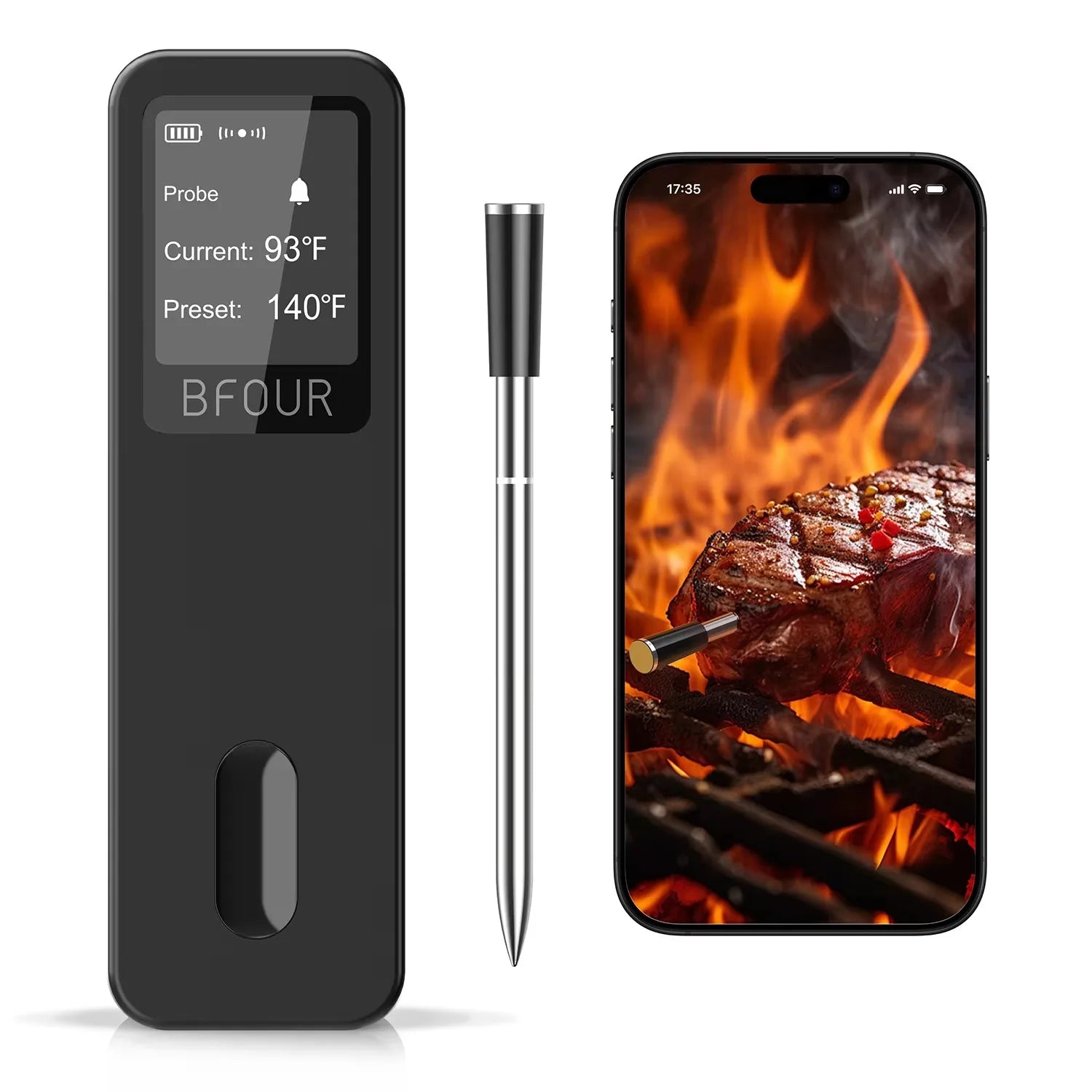 Wireless Bluetooth Meat Thermometer IP67 Waterproof Probes with LCD Screen Booster Rechargeable for Grilling Smoker BBQ Oven
