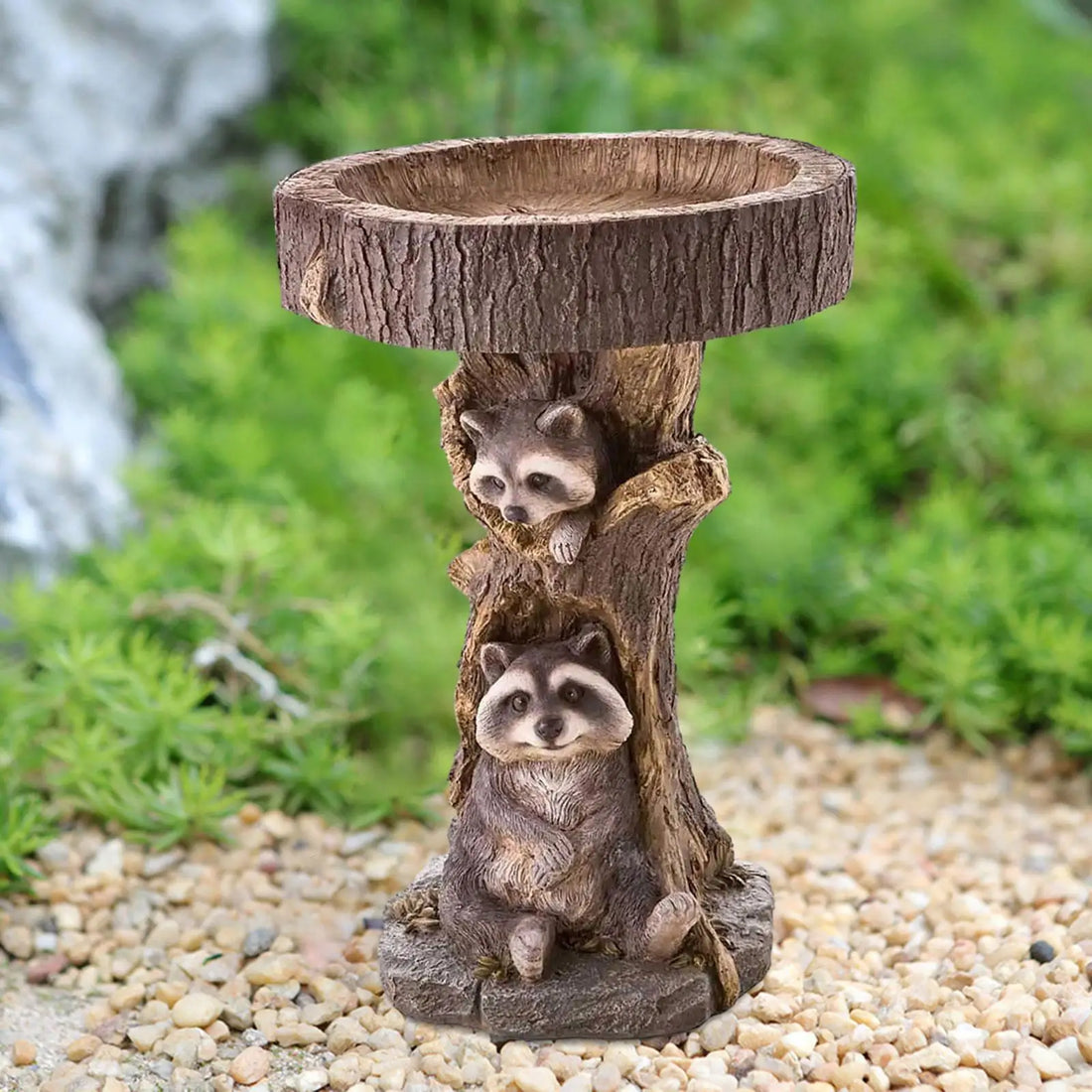 Garden Bird Bath Bowl,Raccoon Statue Figurine Outdoor Patio Lawn Resin Feeder Animal Sculpture for Park,Fence,Balcony,Outside