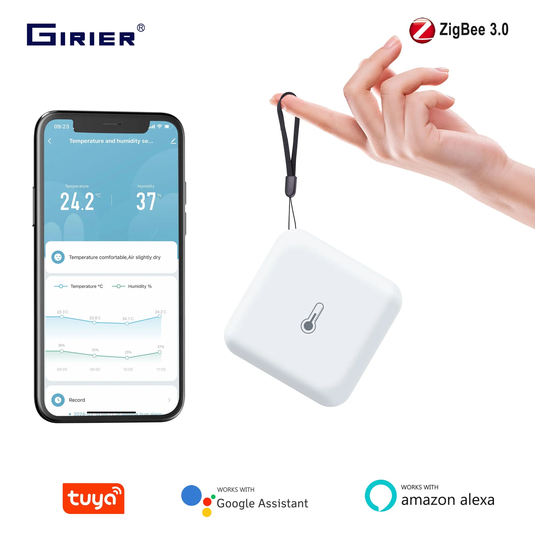 GIRIER Tuya ZigBee Temperature Humidity Sensor Smart Hygrometer Indoor Thermometer Works with Alexa/Hey Google/Home Assistant