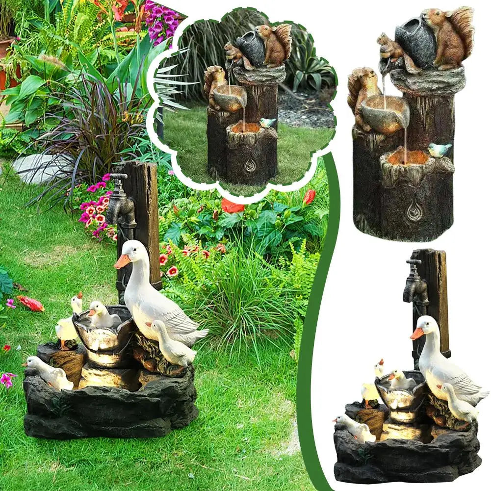 Duck Solar Power Squirrel Resin Fountain Garden Design With Led Light Garden oration Squirrel Fountain Waterfall StatueDec
