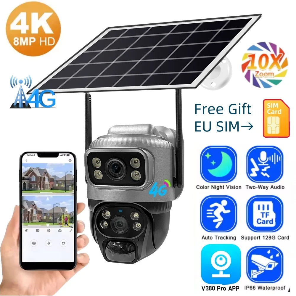 Dual Lens Dual Screen Solar Camera With 4G Sim Card Outdoor Surveillance Cameras Color Night Vision CCTV