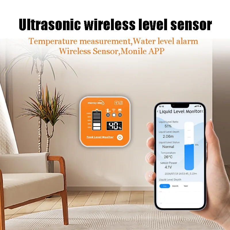 Moray ME201R Tuya APP Ultrasonic Water Liquid Depth LCD Temperature Time Display Low Battery Indicator Alarm Tank Level Monitor