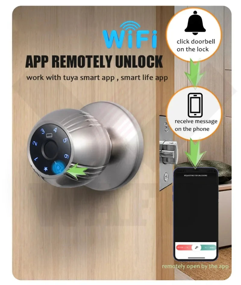 Tuya WIFI APP Remote Unlock Smart Ball Lock Biometric Fingerprint Door Lock Keyless Entry Homestay Apartment Security Smart Lock