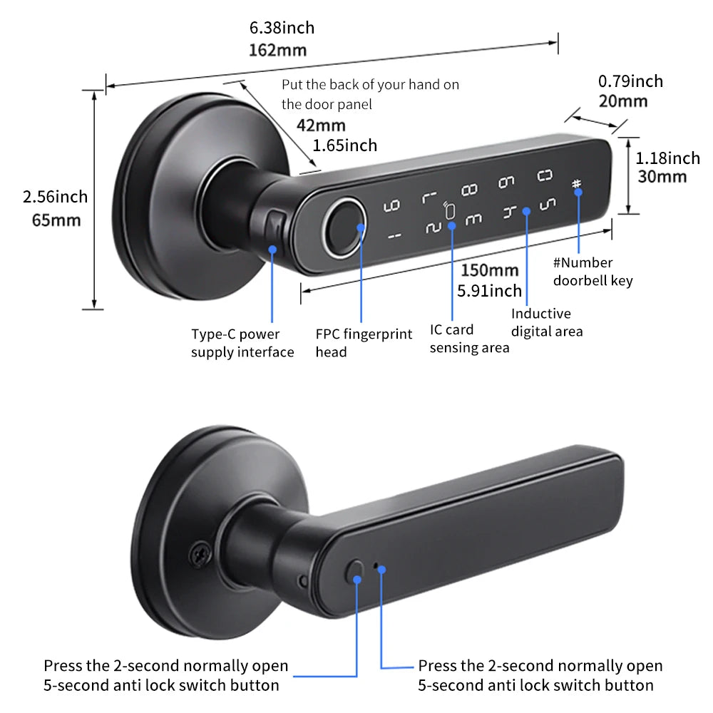 Tuya Bluetooth Smart Fingerprint Door Lock Knob Digital Electronic Lock with Password/Key/IC Card/Tuya APP Unlock Waterproof Q50