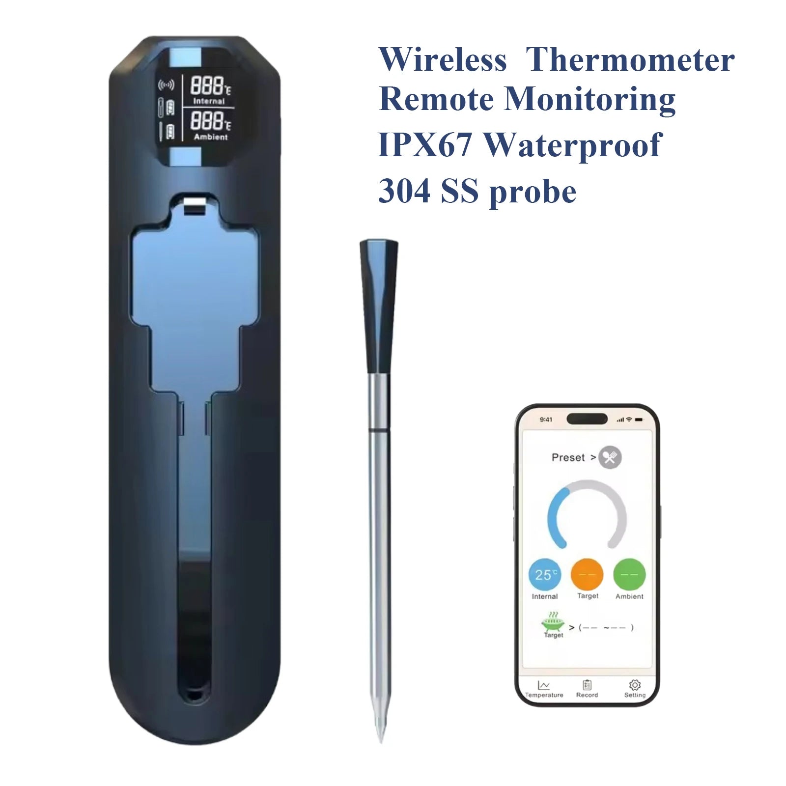 Dual-Temperature Bluetooth Smart Kitchen Thermometer Ceramic Probe IP67 Waterproof Digital Display Food Assistant BBQ Oven Meat