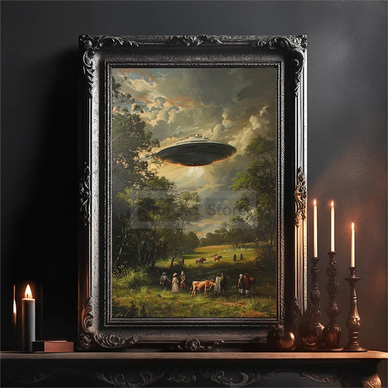 Retro Futurism European Style UFO Oil Painting Poster Darkness Prints Canvas Painting Wall Art Pictures Home Room Vintage Decor