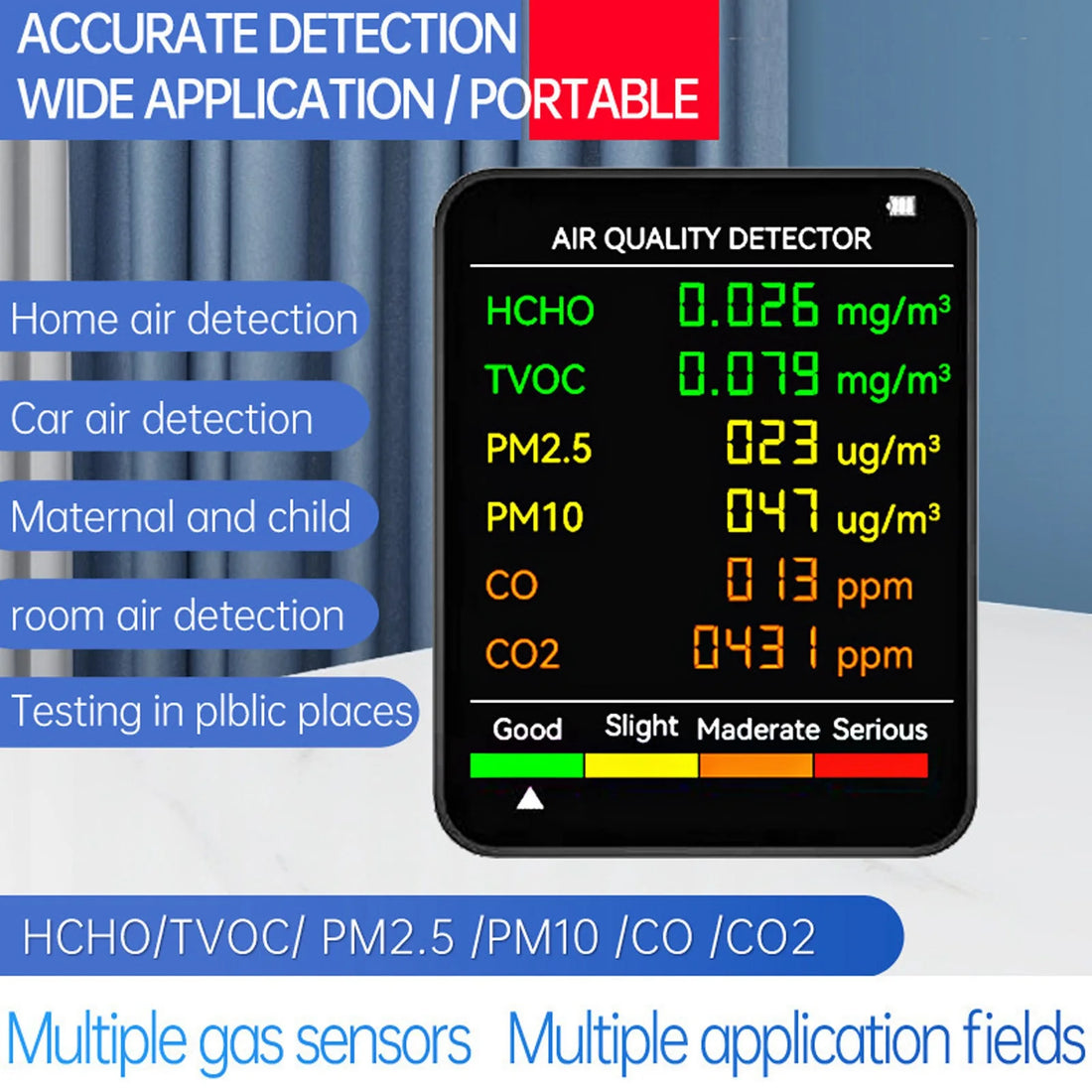 Air Quality Monitor Portable LCD Backlight Screen CO2 TVOC HCHO PM2.5 PM10 Detector with Alarm Air Quality Tester Air Monitor