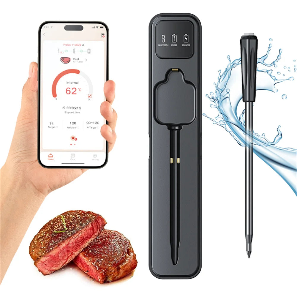 Wireless Smart Meat Thermometer with Bluetooth Long Range Measures Internal & Ambient Temp for BBQ Oven Grill Kitchen Rotisser