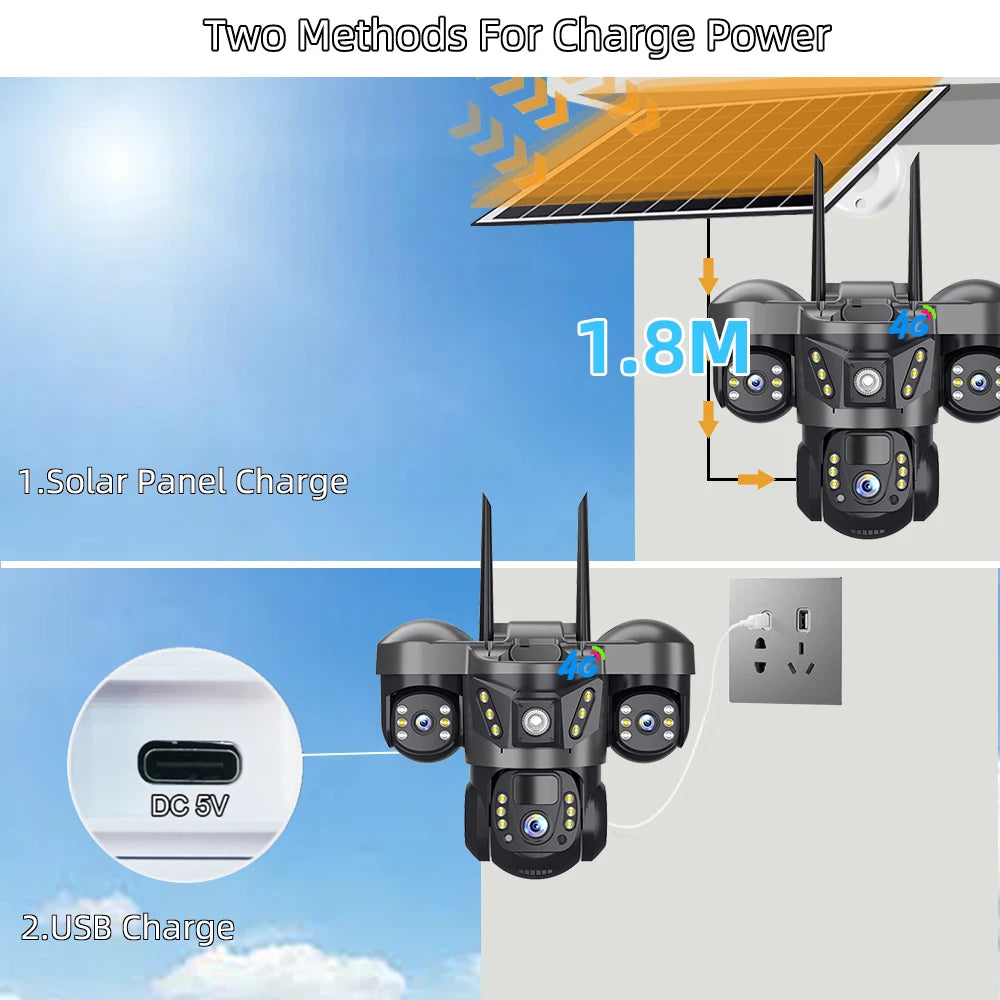 15MP 4G Solar Camera PTZ Outdoor CCTV Triple Lens Three Screen PIR Colour Night Vision Weatherproof V380 PRO Cameras