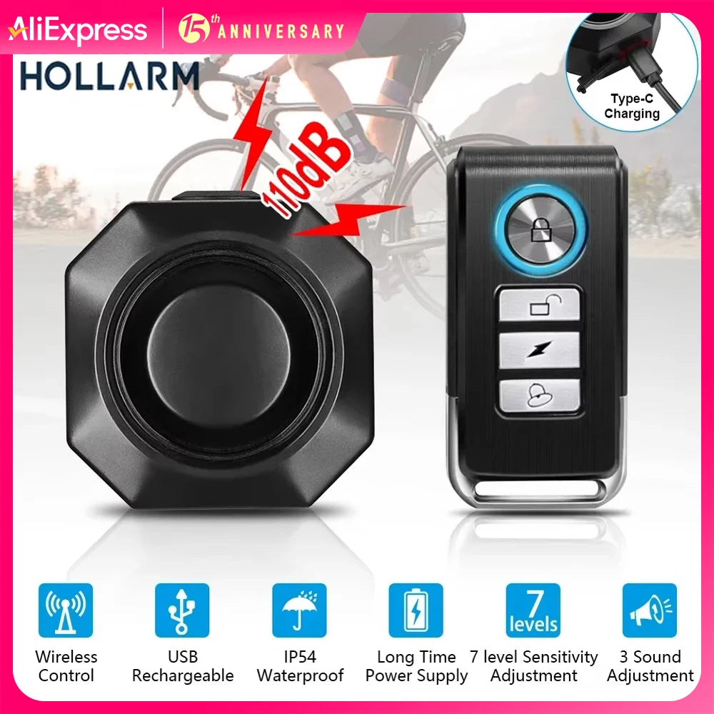 Hollarm Wireless Bike Vibration Alarm USB Charging Motorcycle Security Detector Burglar System Bicycle Alarm Remote Control