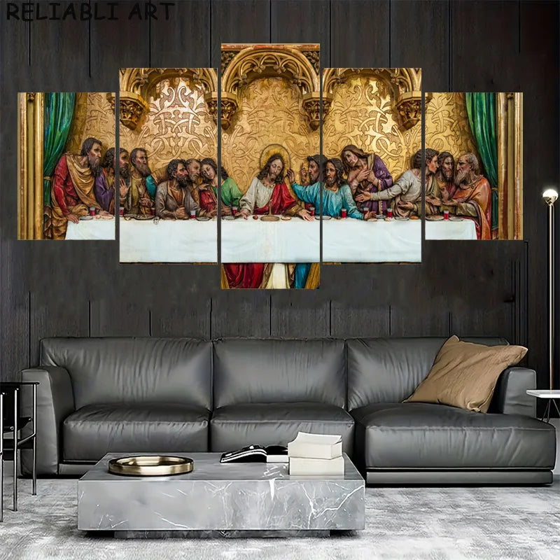 The Last Supper Poster and Prints Famous Painting Portrait Canvas Painting 5 Panels Wall Art For Living Home Room Decor No Frame