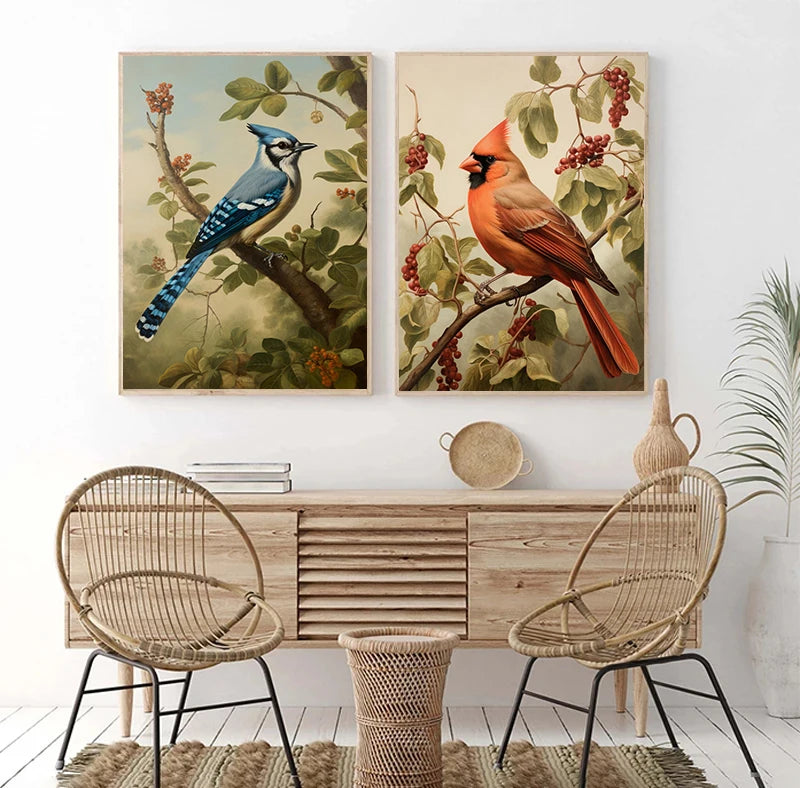 Antique Cardinal Blue Bird  Goldfinch Hummingbird Robin Owl Poster Canvas Painting Print for Living Room Home Decoration Cuadros