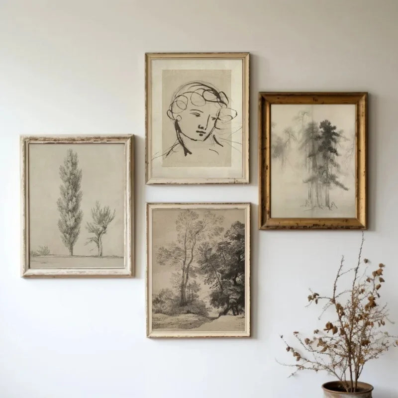 Vintage Tree Sketch Forest Poster Print Antique Landscape Canvas Painting Wall Art Picture for Living Room Home Decoration