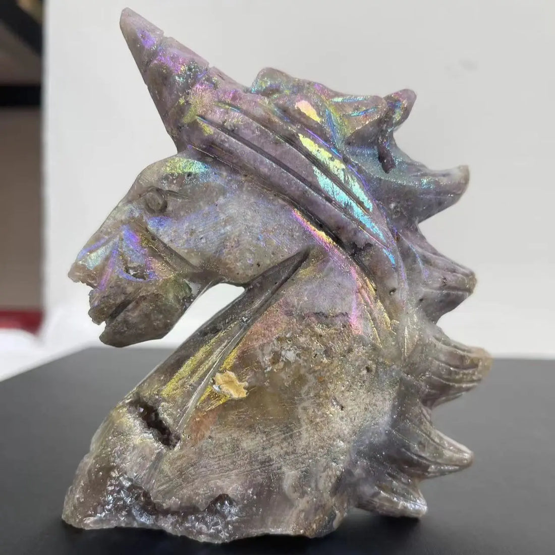 Hight  About 11-12cm Natural Crystal Plating Color Unicorn Sphalerite Drusy Hand-Carved Statue Reiki Healing Gem
