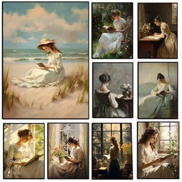 Antique Portrait Woman Reading Book Poster Vintage Still Life Muted Tones Canvas Painting Wall Art Study Room Bedroom Home De