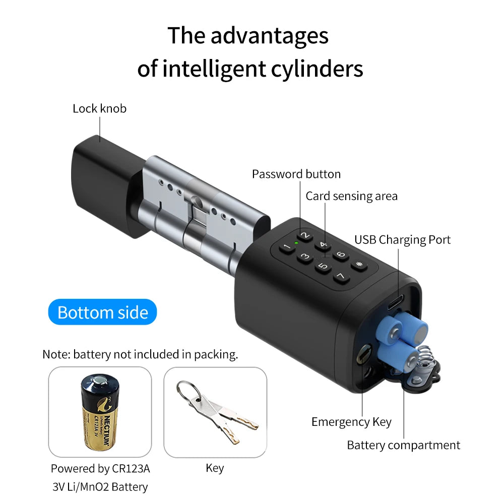 Tuya APP Fingerprint Cylinder Smart Door Lock Electronic Digital RFID Keypad Code Keyless Remote Control Adjustable 60mm-90mm