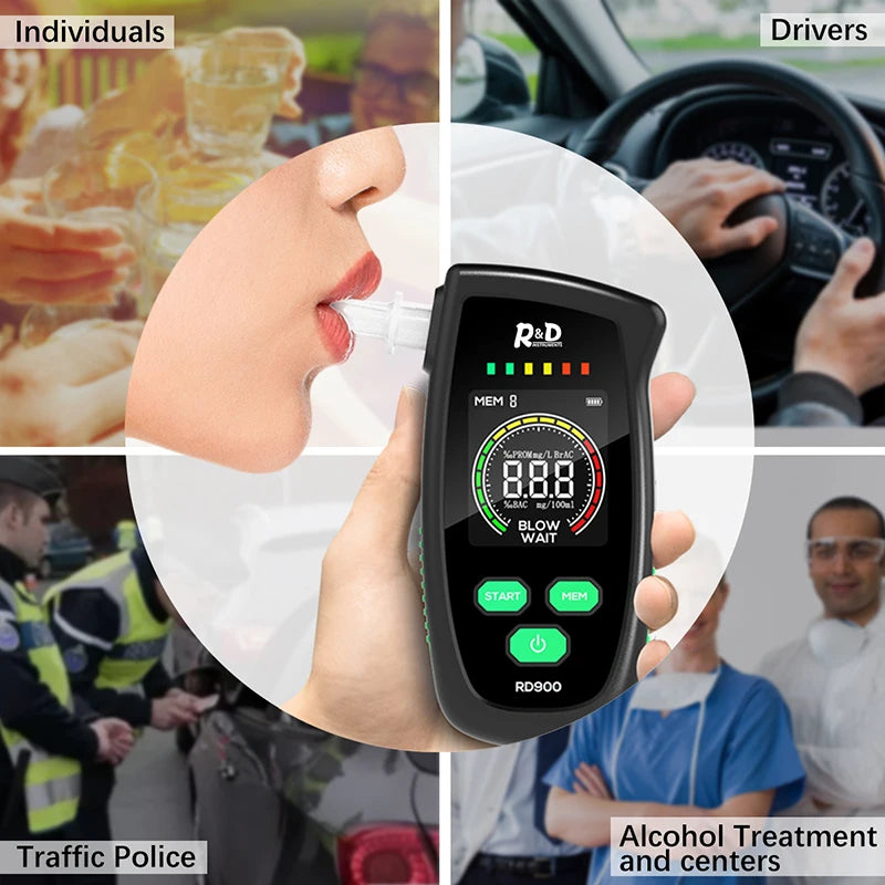 R&D RD900 Digital Breath Alcohol Tester Rechargeable Portable Gas Detector for Personal & Professional Use