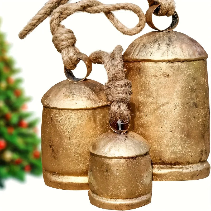 3pcs Handcrafted-Look Antique Golden Metal Christmas Bells - Rustic Farmhouse Vintage Cow Bells for Xmas, Thanksgiving & Year