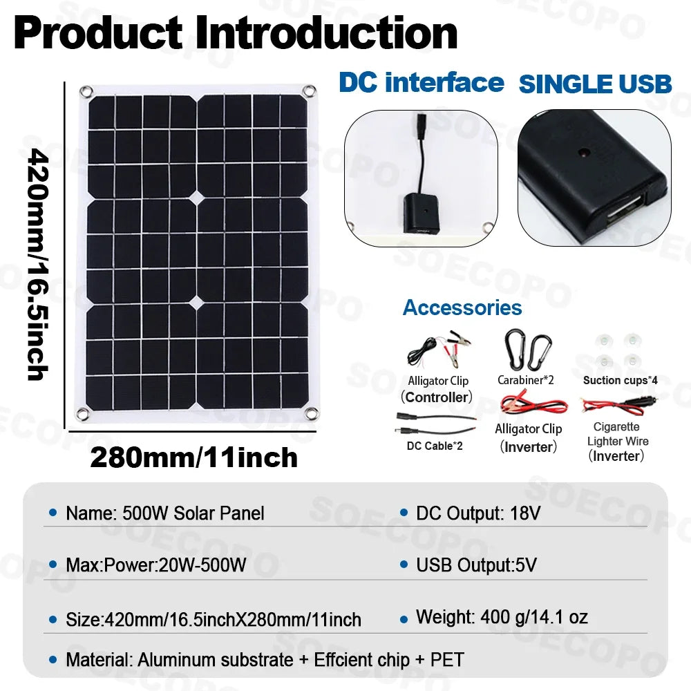 SOECOPO 7000W 2*500W Solar Panel DC 12V - AC 110V/220V Inverter Complete Solar Kit 100A Controller Camping USB 5V/1.5A Home