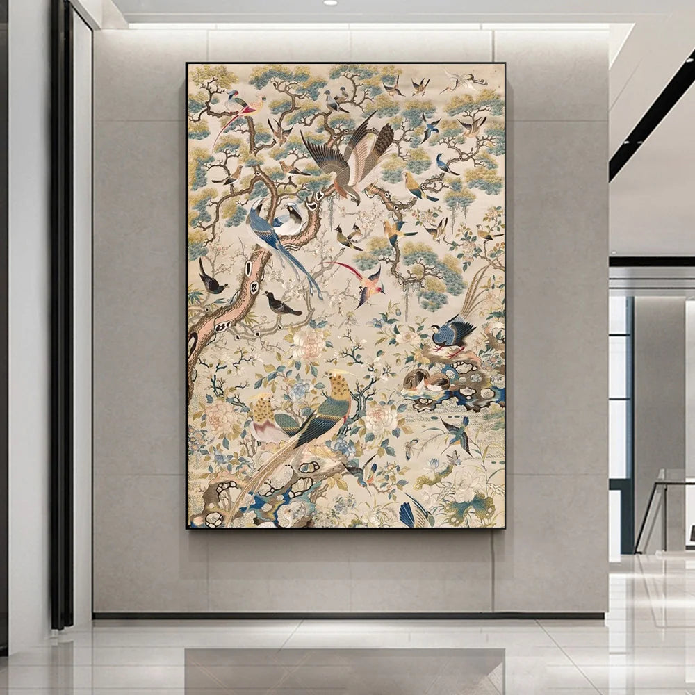 Retro Medieval Style Art Posters Print "Flowers And Birds Harmony Picture" Tropical Birds Plant Mural Home Decor Canvas Painting