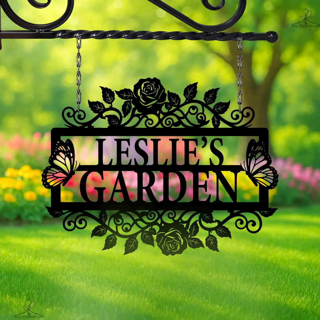 Custom Floral Garden Decor Custom Name Metal Garden Wall Art Butterflies Roses Outdoor Decor Flower Garden Plaque Hanging