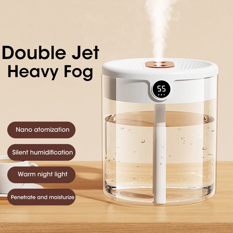 2L Air Humidifier Large Capacity With LCD Humidity Display Night Light Double Nozzle Aroma Essential Oil Diffuser For Home Offic
