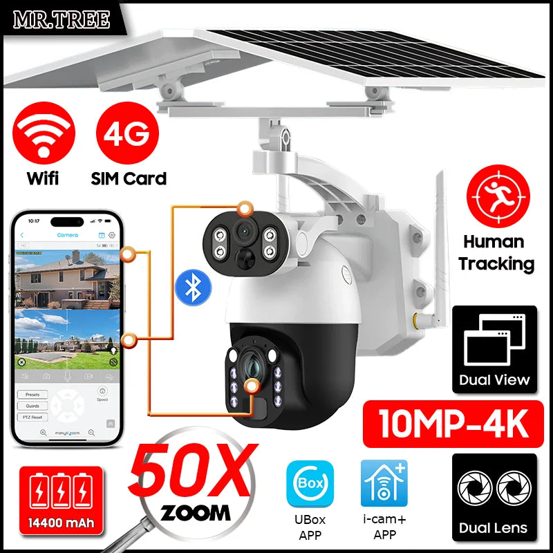 4G SIM Solar Energy Surveillance Camera 4K 50X Zoom Dual Lens Outdoor 10MP Wifi security PTZ Humanoid Tracking CCTV IP Cameras