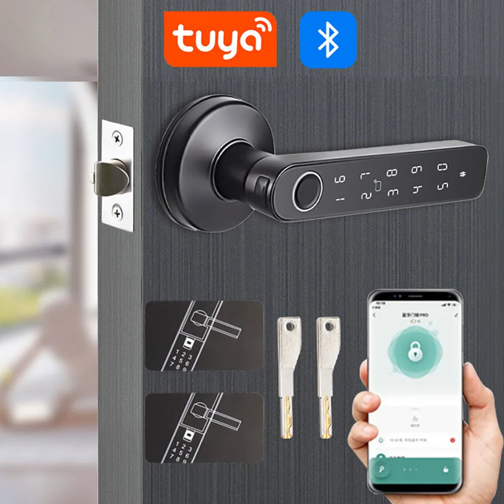 Tuya Bluetooth Smart Fingerprint Door Lock Knob Digital Electronic Lock with Password/Key/IC Card/Tuya APP Unlock Waterproof Q50