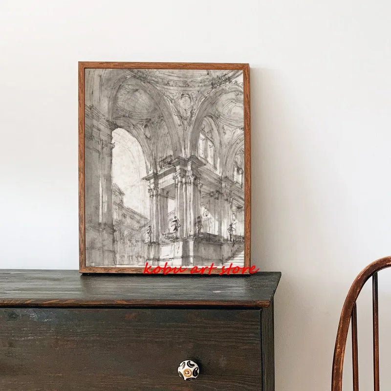 Vintage Architecture Drawing Poster Line Art Sketch Canvas Printing Antique Minimalist Wall Art Picture for Room Home Decor