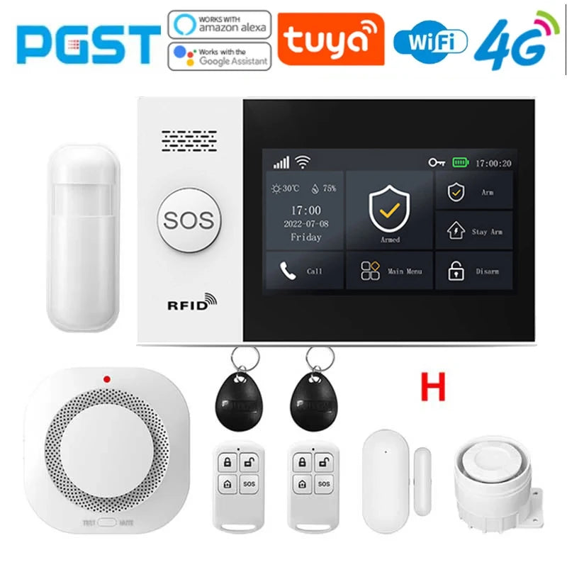 PGST 4G PG107 Tuya Wireless Home Alarm WIFI GSM Home Safety Belt Motion Detector Sensor Anti theft Alarm System Supports Alexa a