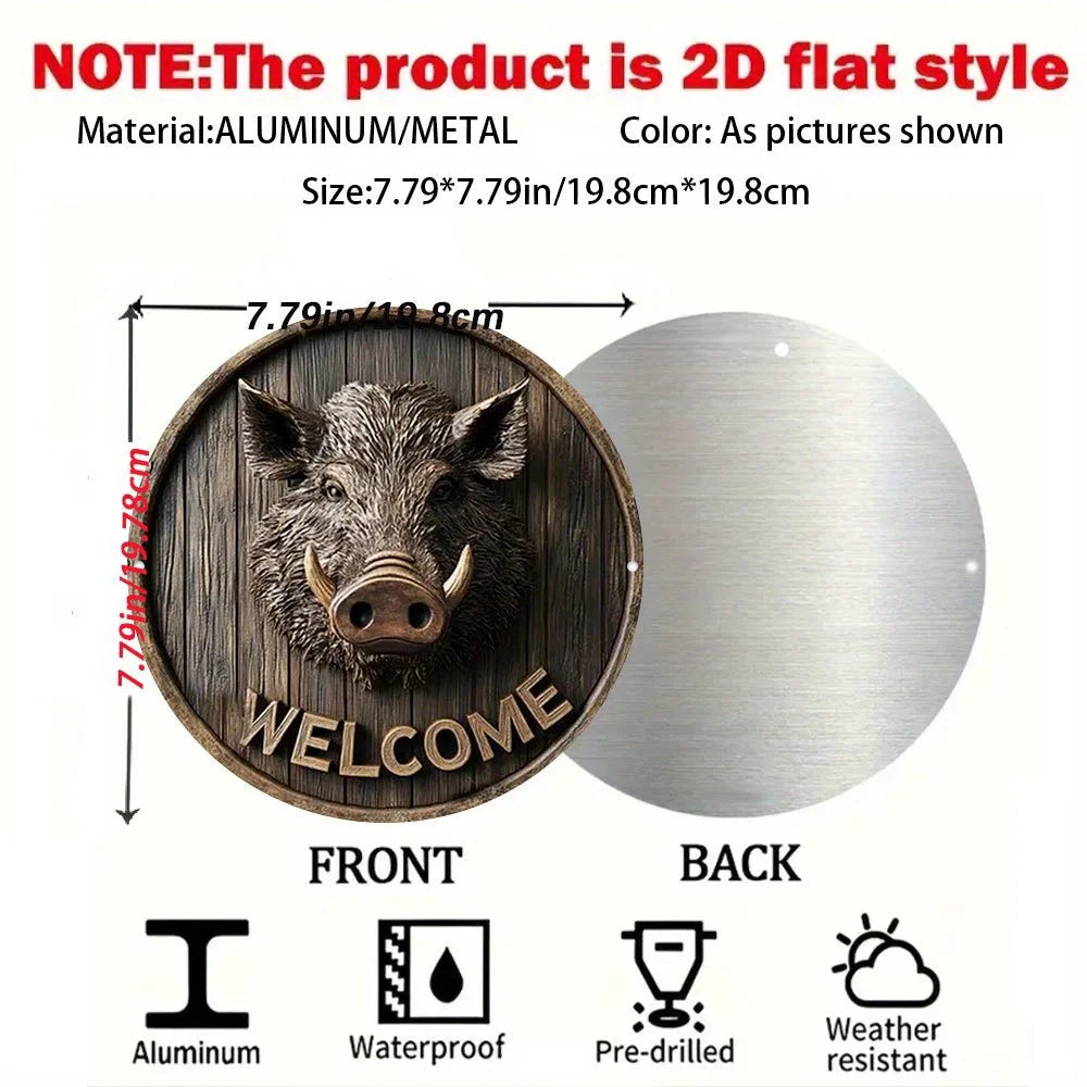 2D Flat Wild Boar Welcome Sign-Rustic Farmhouse Hunting Lodge Decor with Black&Golden Antique Metal Wall/Door Hanging Decoration