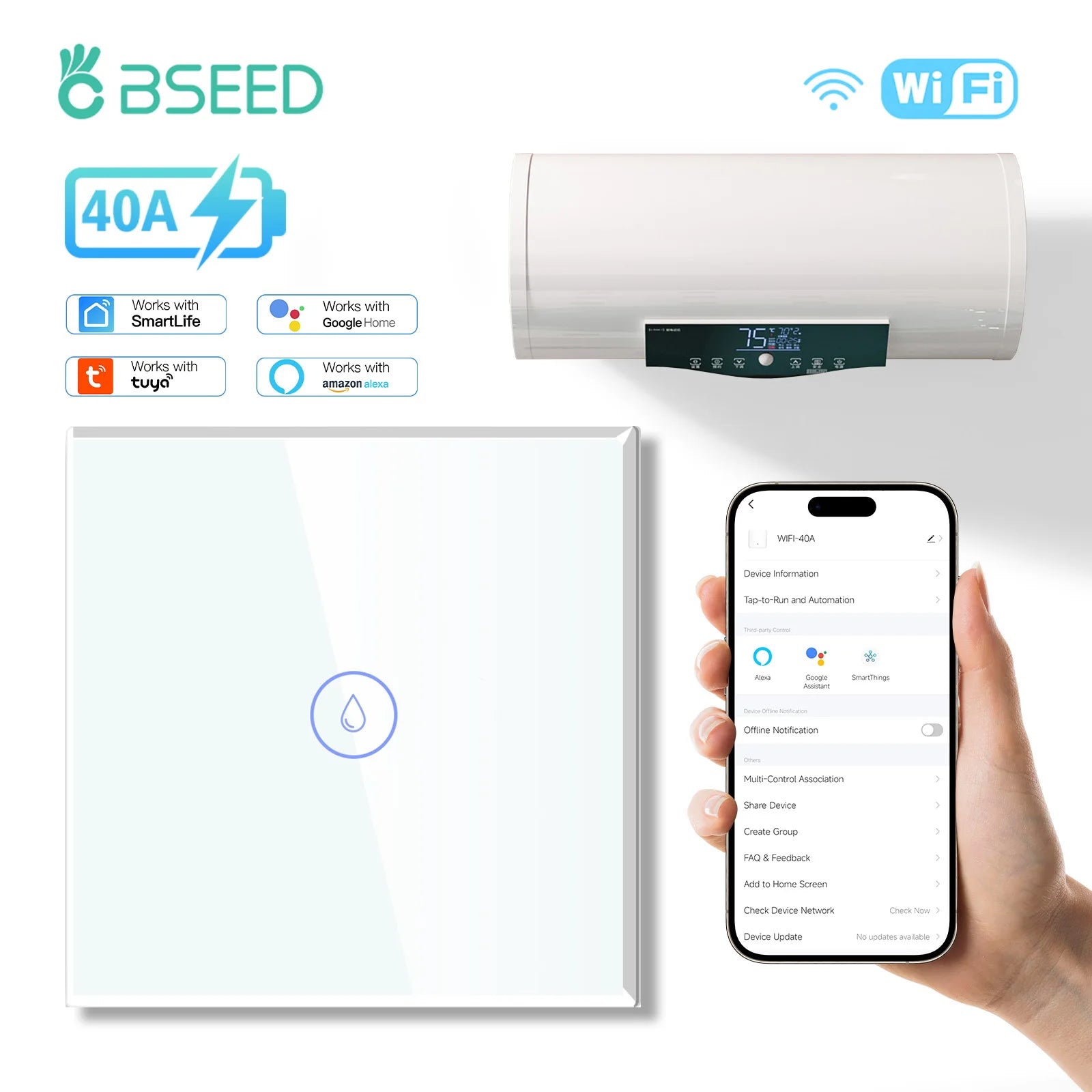 BSEED WIFI Water Heater Switches Smart Wall Boiler Switch 40A Glass Touch Panel Voice Control Alexa Google Home Tuya App EU