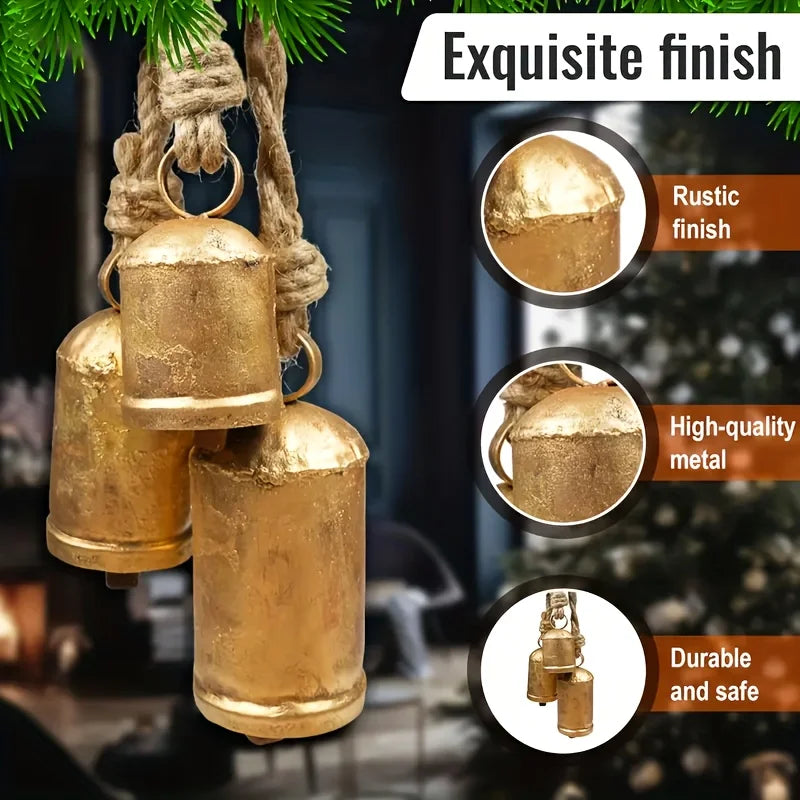 3pcs Handcrafted-Look Antique Golden Metal Christmas Bells - Rustic Farmhouse Vintage Cow Bells for Xmas, Thanksgiving & Year