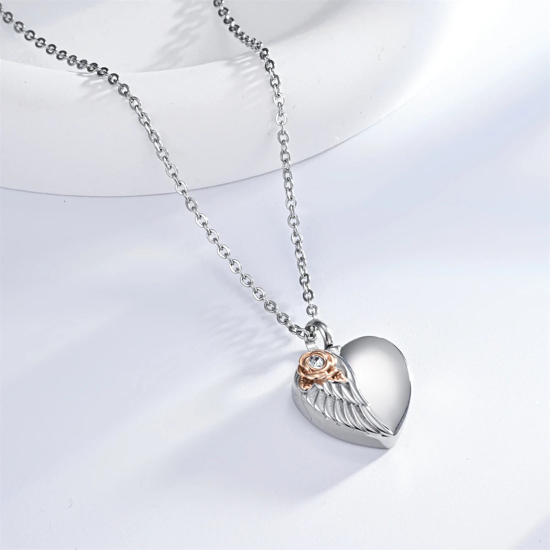 Stainless Steel Angel Wing With Rose Heart Urn Pendant for Ashe Cremation Keepsake Customize Name Necklace Jewelry Gift