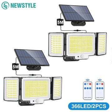 366 LED Solar Motion Sensor Security Outdoor Lights 3 Heads Solar Garden Lights Flood Lights Powered Wall Light Waterproof Front