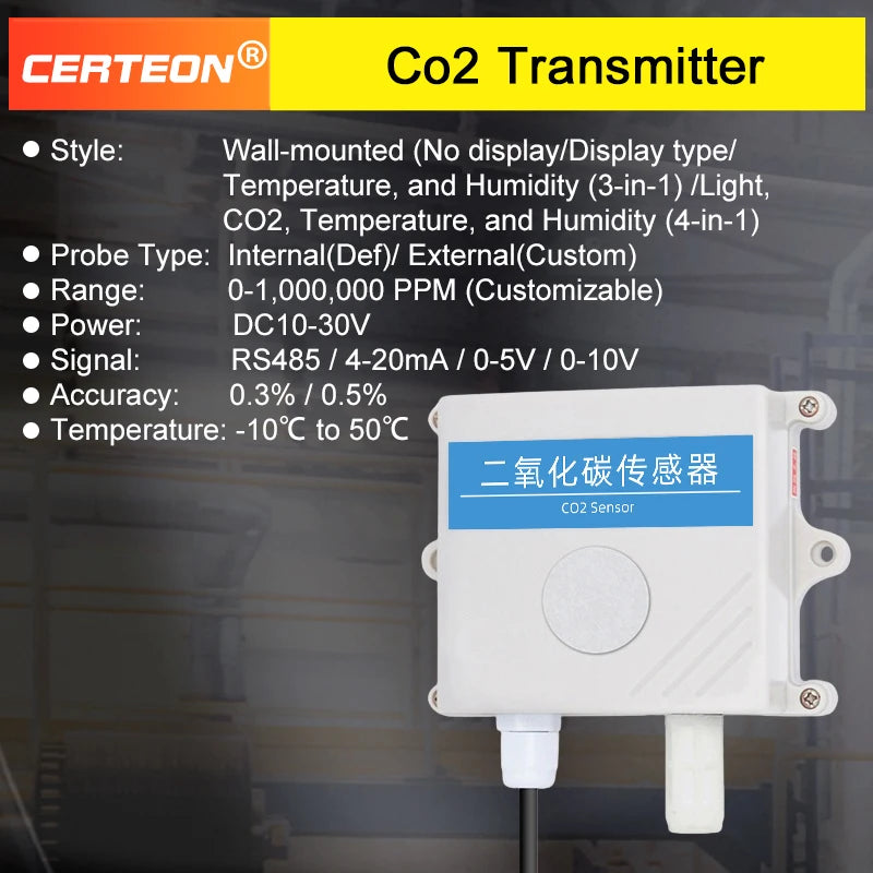 CO2 Transmitter NDIR Carbon Dioxide Sensor Air Quality CO2 Monitor Detector Indoor Meter for Home and Office Greenhouse