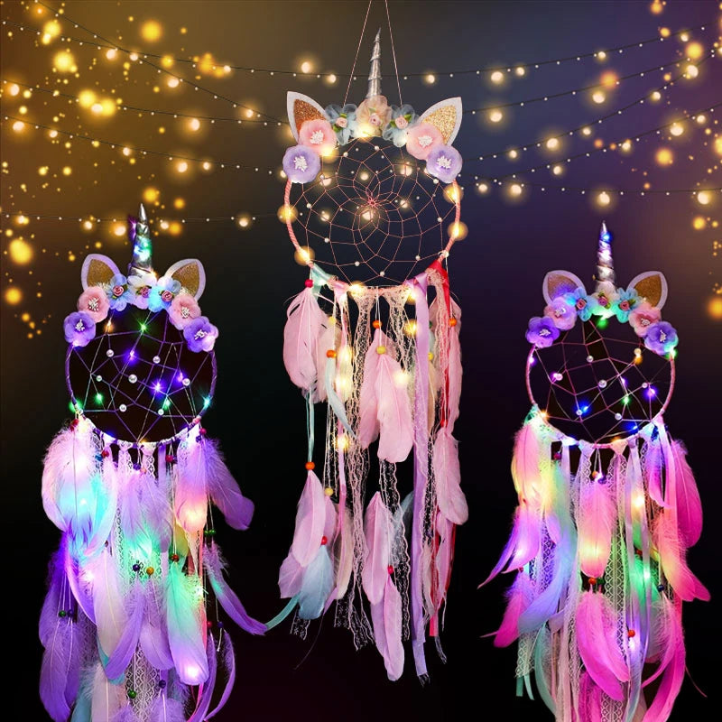 Unicorn Dream Catcher LED Light Wind Chimes Feather Hanging Dream Catchers Bedroom Wall Hangings Decoration Unicorn Dreamcatcher