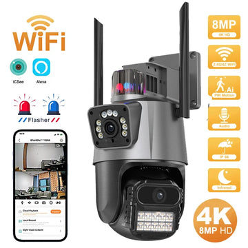 8MP WiFi Camera Outdoor 8X Zoom Security Camera 4K Video Surveillance Three Lens Dual Screen PTZ ICsee Alexa NVR Security CCTV