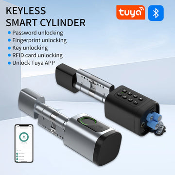 Tuya APP Fingerprint Cylinder Smart Door Lock Electronic Digital RFID Keypad Code Keyless Remote Control Adjustable 60mm-90mm