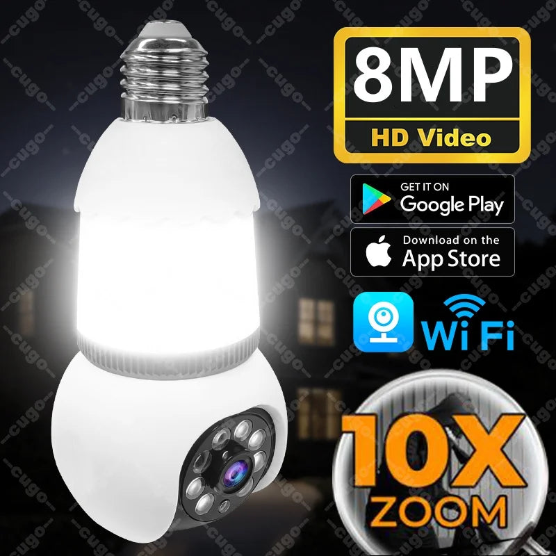 8MP E27 Bulb Camera With LED bulbs WiFi Surveillance Camera Automatic AI Tracking Video 10X Zoom Color Night Vision Wireless Cam