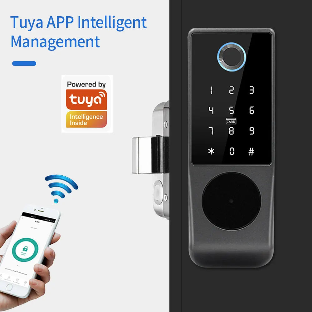 Waterproof Tuya Smart Double Side Fingerprint Lock Keyless Entry Motor Rim Door Lock 2.4G Wifi Remote Control with Alexa Echo