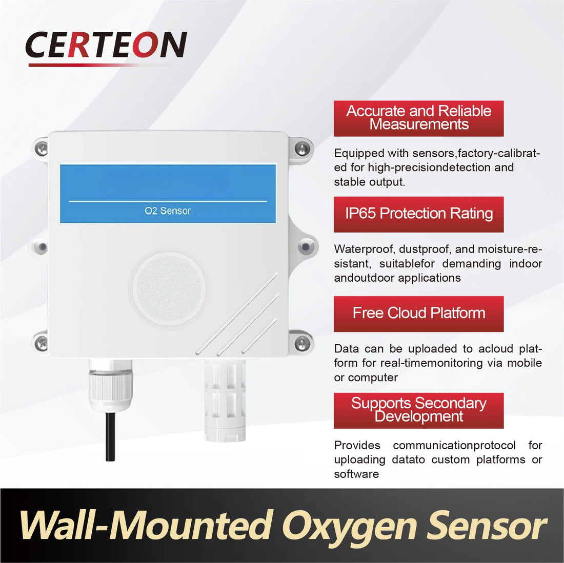 Wall-mounted Oxygen Sensor O2 Concentration Detector Gas Analyzer Transmitter Air Quality Monitor for Greenhouse Farming