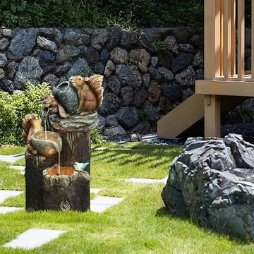 Duck Solar Power Squirrel Resin Fountain Garden Design With Led Light Garden oration Squirrel Fountain Waterfall StatueDec