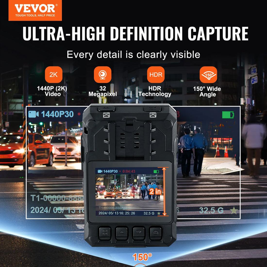 VEVOR 1440P HD Police Body Camera 128GB with Audio Video, 2.0" LCD, Infrared Night Vision, Waterproof GPS for Law Enforcement